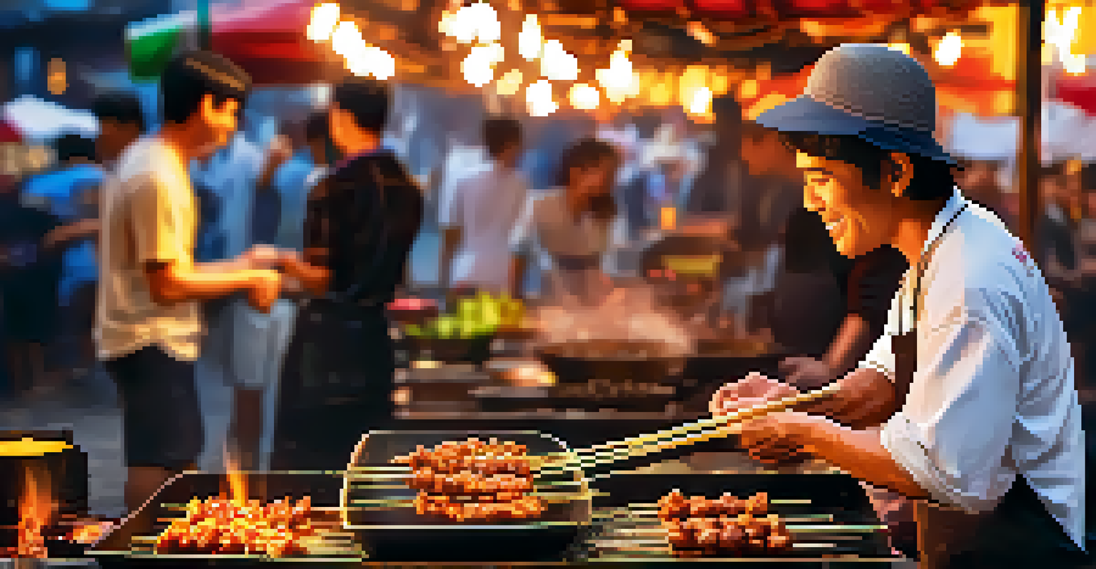 A street food vendor grilling satay skewers over an open flame with customers in the background.