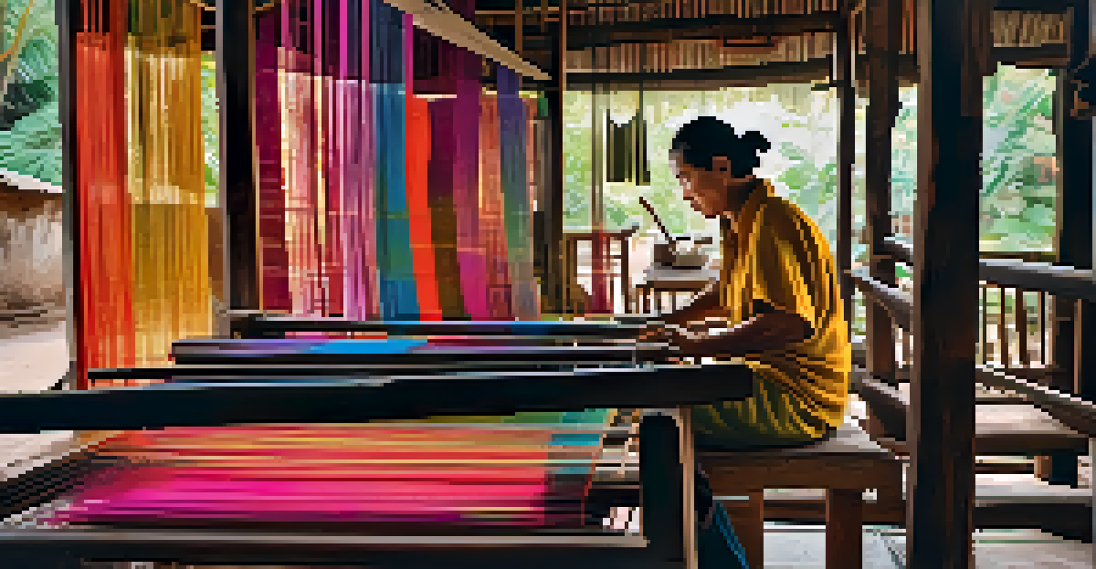 An artisan weaving silk in a traditional Thai village workshop, with colorful threads and tourists observing the craft.
