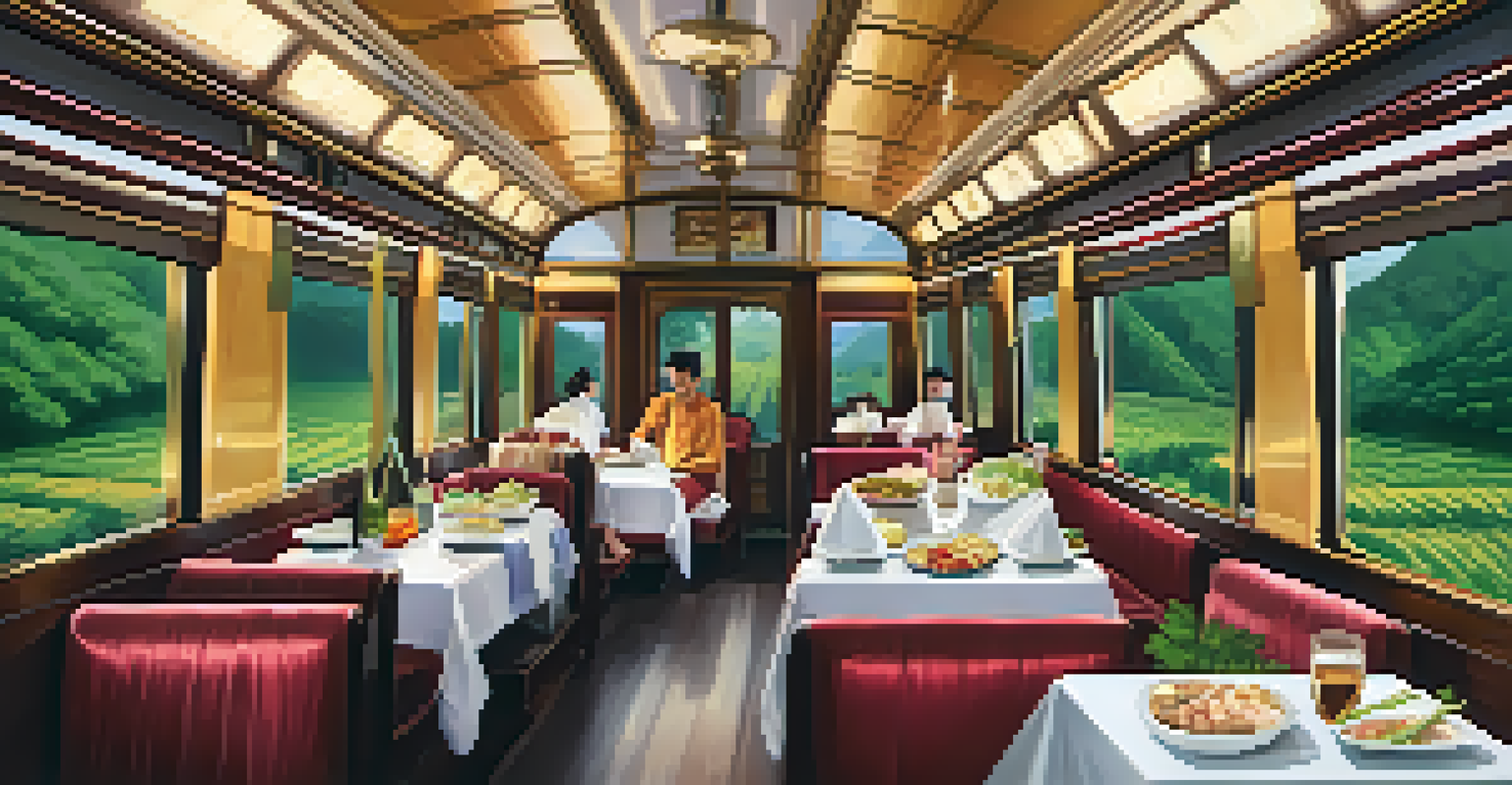 Interior view of an SRT train with passengers enjoying traditional Thai food, soft lighting, and countryside views through the windows.