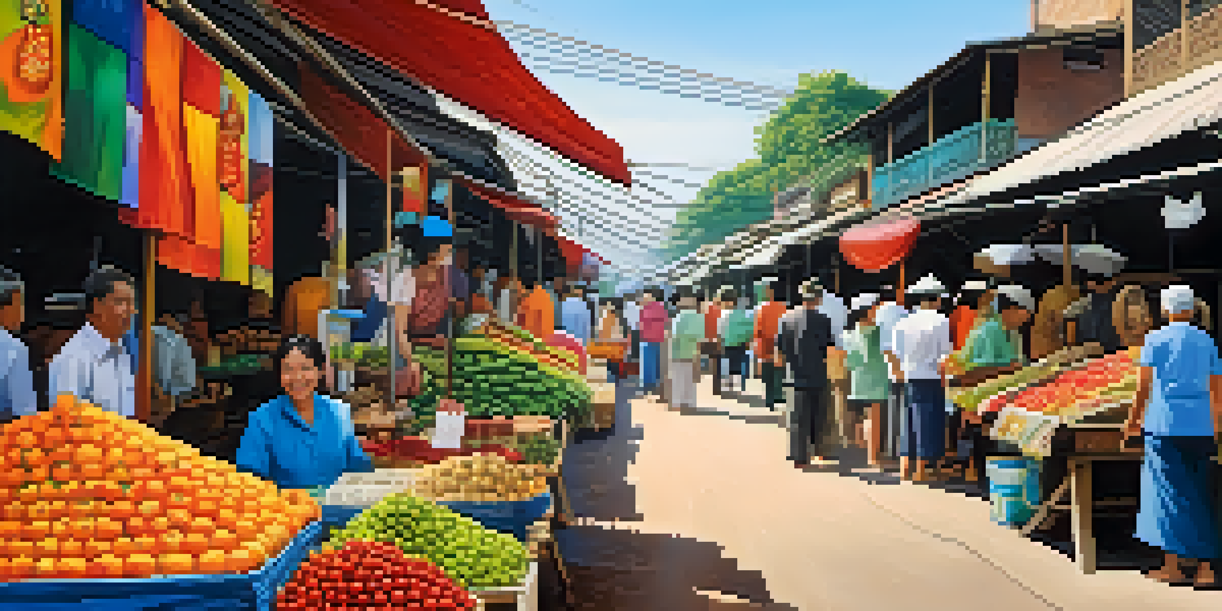 A busy Thai street market filled with colorful stalls, fresh produce, and people interacting.