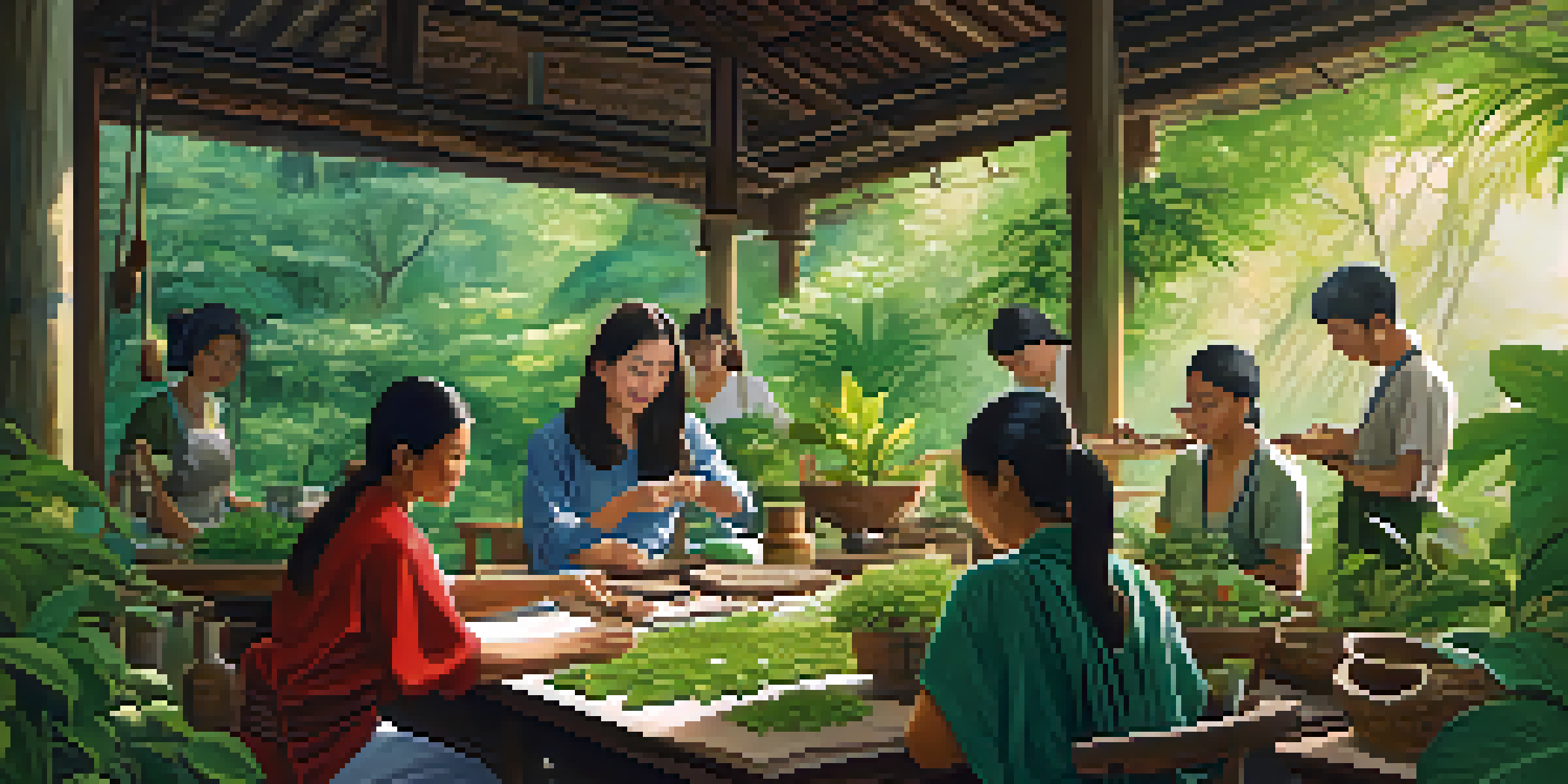 A Thai herbal medicine workshop with participants preparing herbs at a wooden table in a lush green setting, illuminated by soft sunlight.