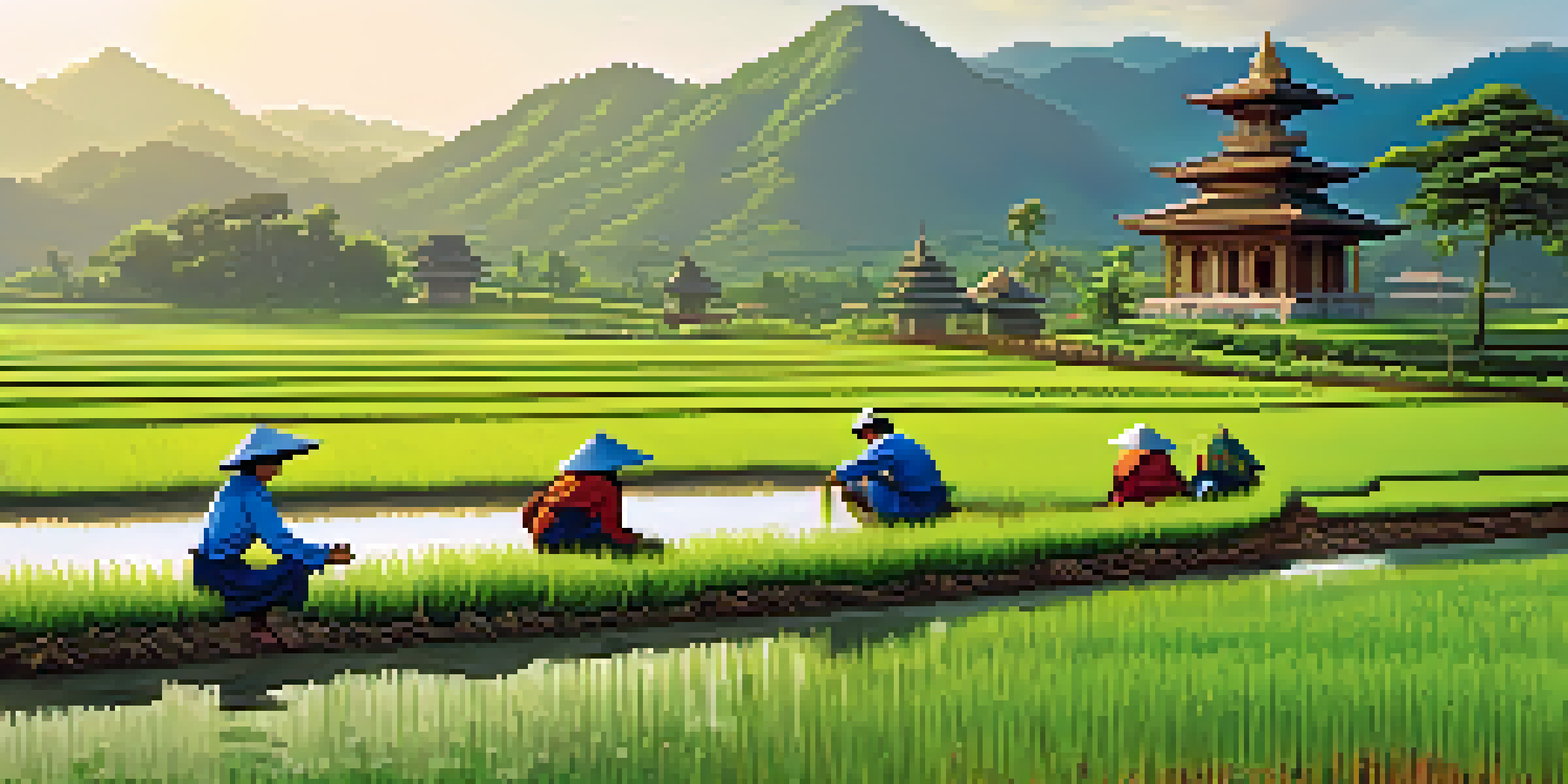 A group of diverse volunteers planting rice in a lush Thai landscape with hills and a temple in the background.