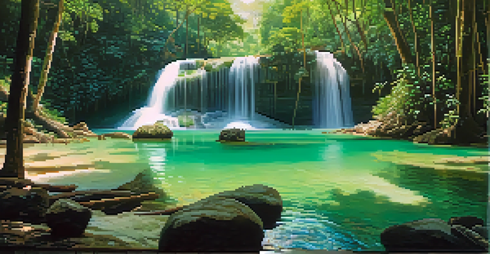 A picturesque scene of Erawan Falls with emerald pools and sunlight filtering through lush trees.