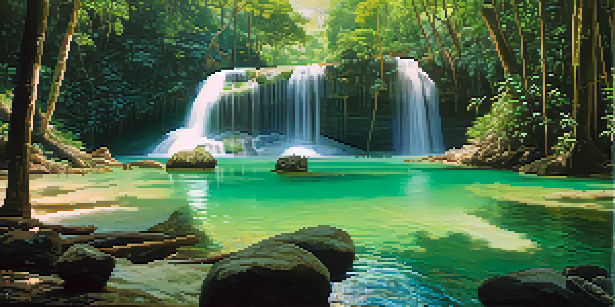 A picturesque scene of Erawan Falls with emerald pools and sunlight filtering through lush trees.
