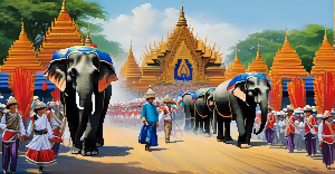 A parade of decorated elephants in the Thai Elephant Roundup Festival, with traditional buildings and spectators in the background.