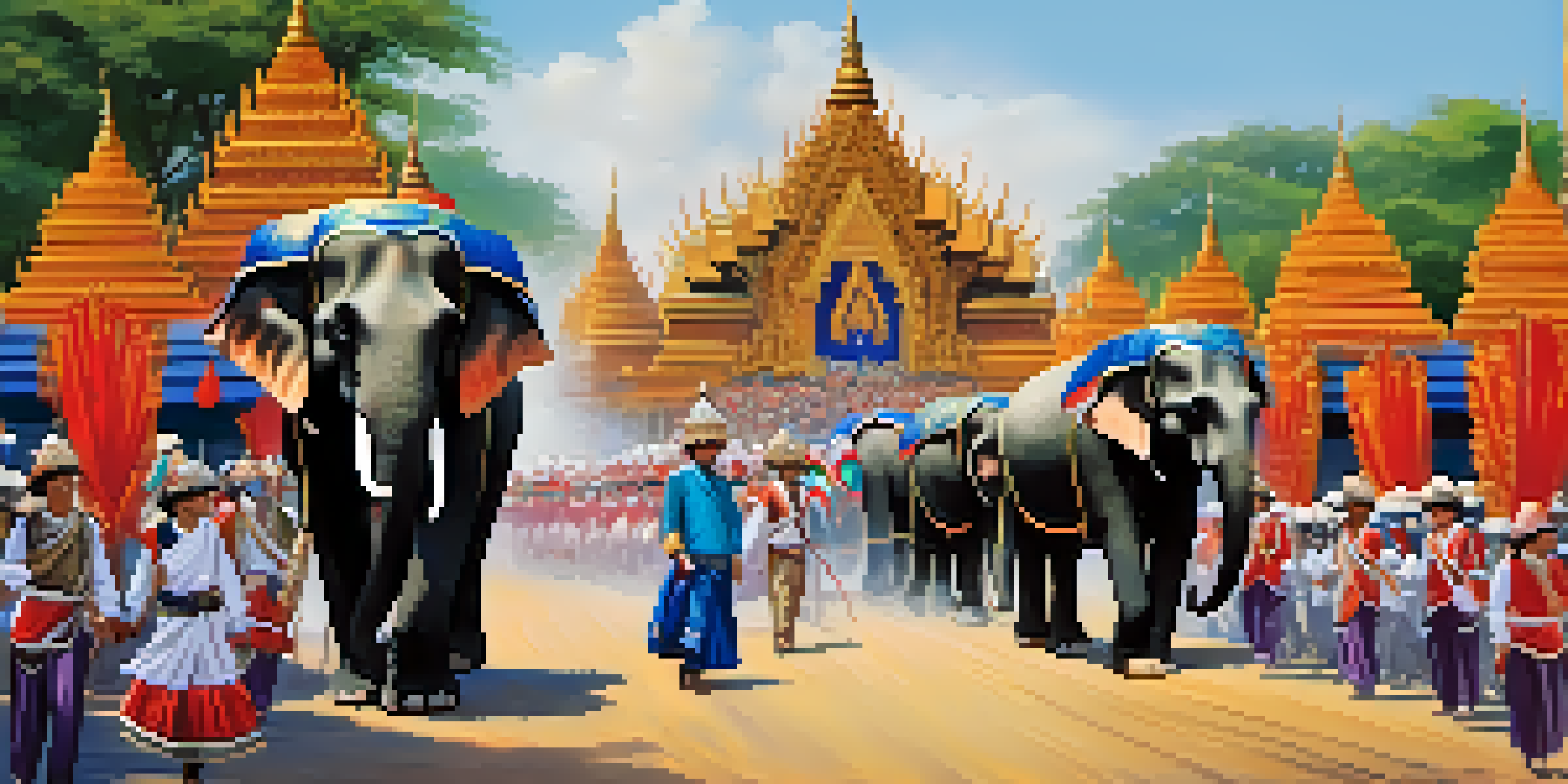 A parade of decorated elephants in the Thai Elephant Roundup Festival, with traditional buildings and spectators in the background.