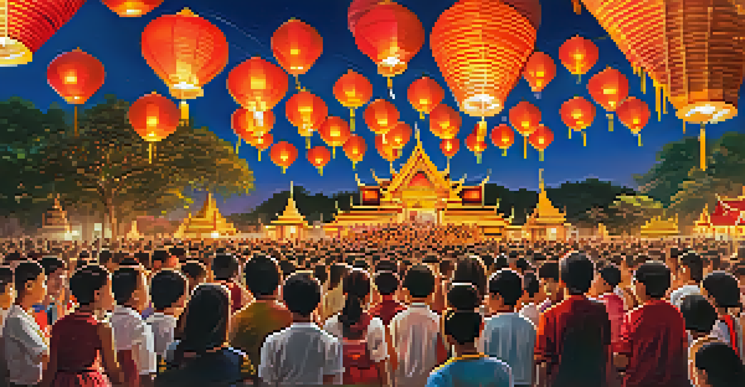 A lively festival scene at Wat Saket with people releasing floating lanterns at night.