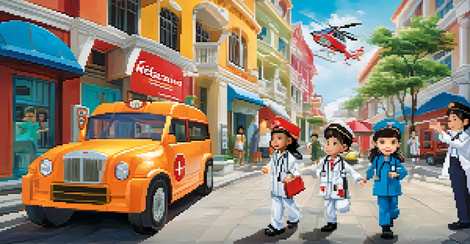 Children playing in an interactive city designed for kids, dressed as pilots and doctors, with colorful buildings around them.