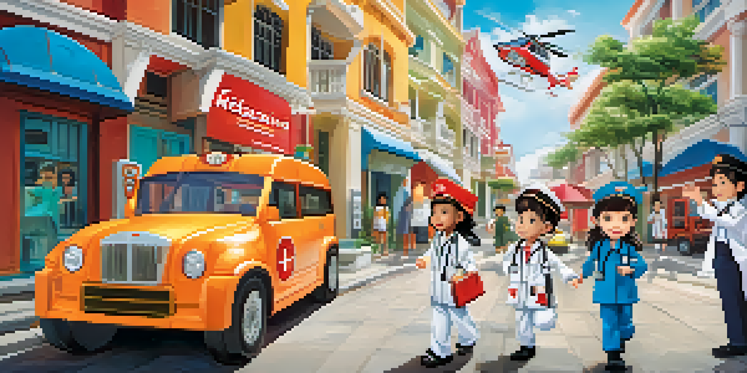 Children playing in an interactive city designed for kids, dressed as pilots and doctors, with colorful buildings around them.