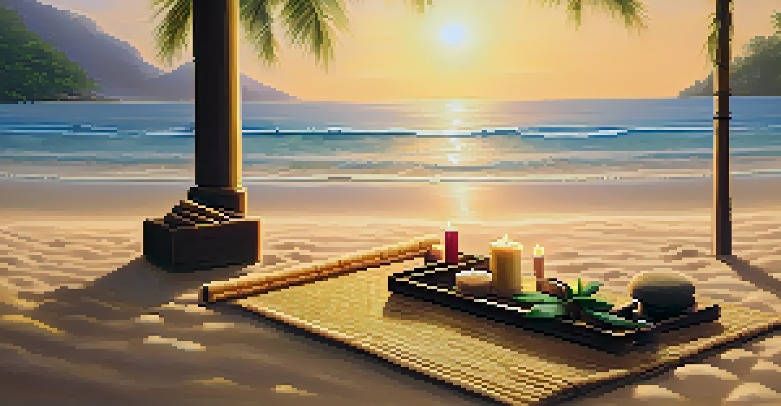 A peaceful beachside Thai massage setup with palm trees and a sunset.