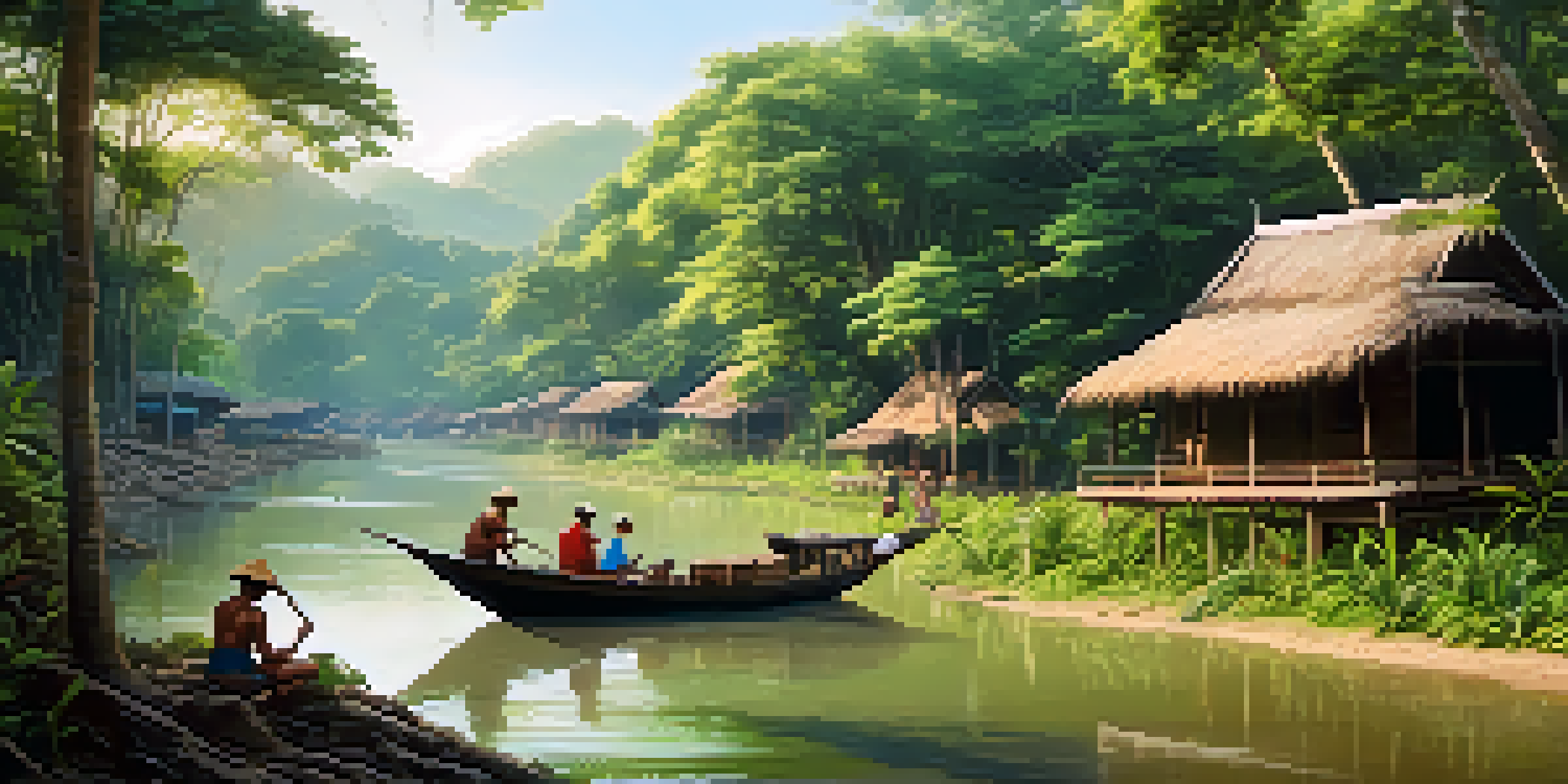 A community forest in Thailand with lush greenery and local villagers practicing sustainable resource management.