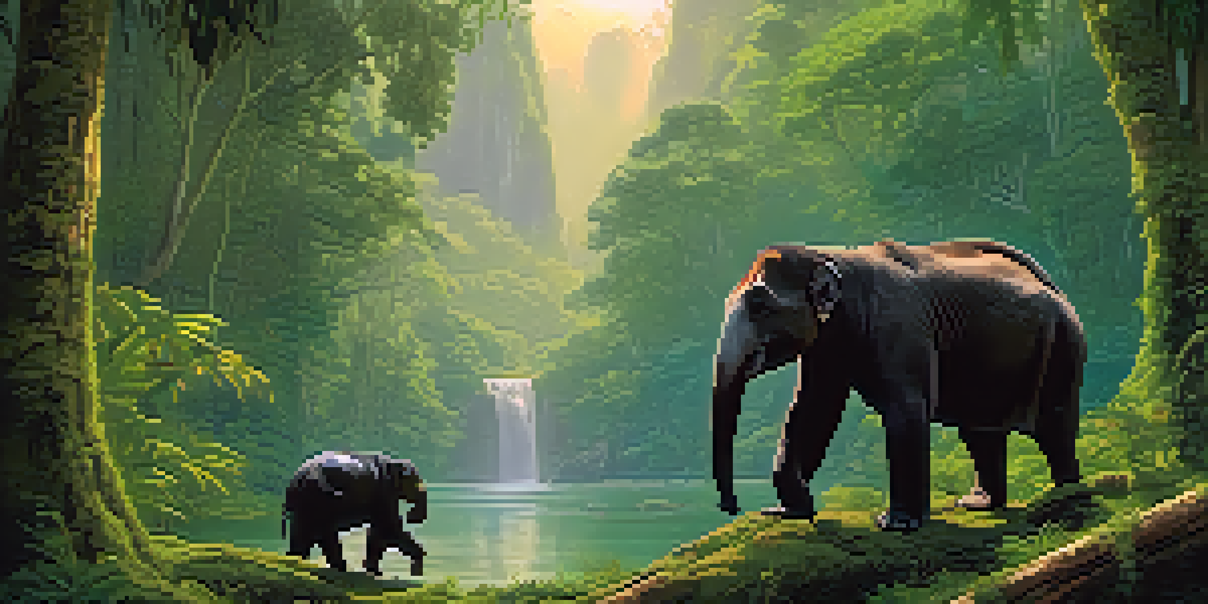 A dense rainforest in Khao Sok National Park featuring a Malayan sun bear in the foreground and an Asian elephant in the background, with sunlight filtering through the trees.