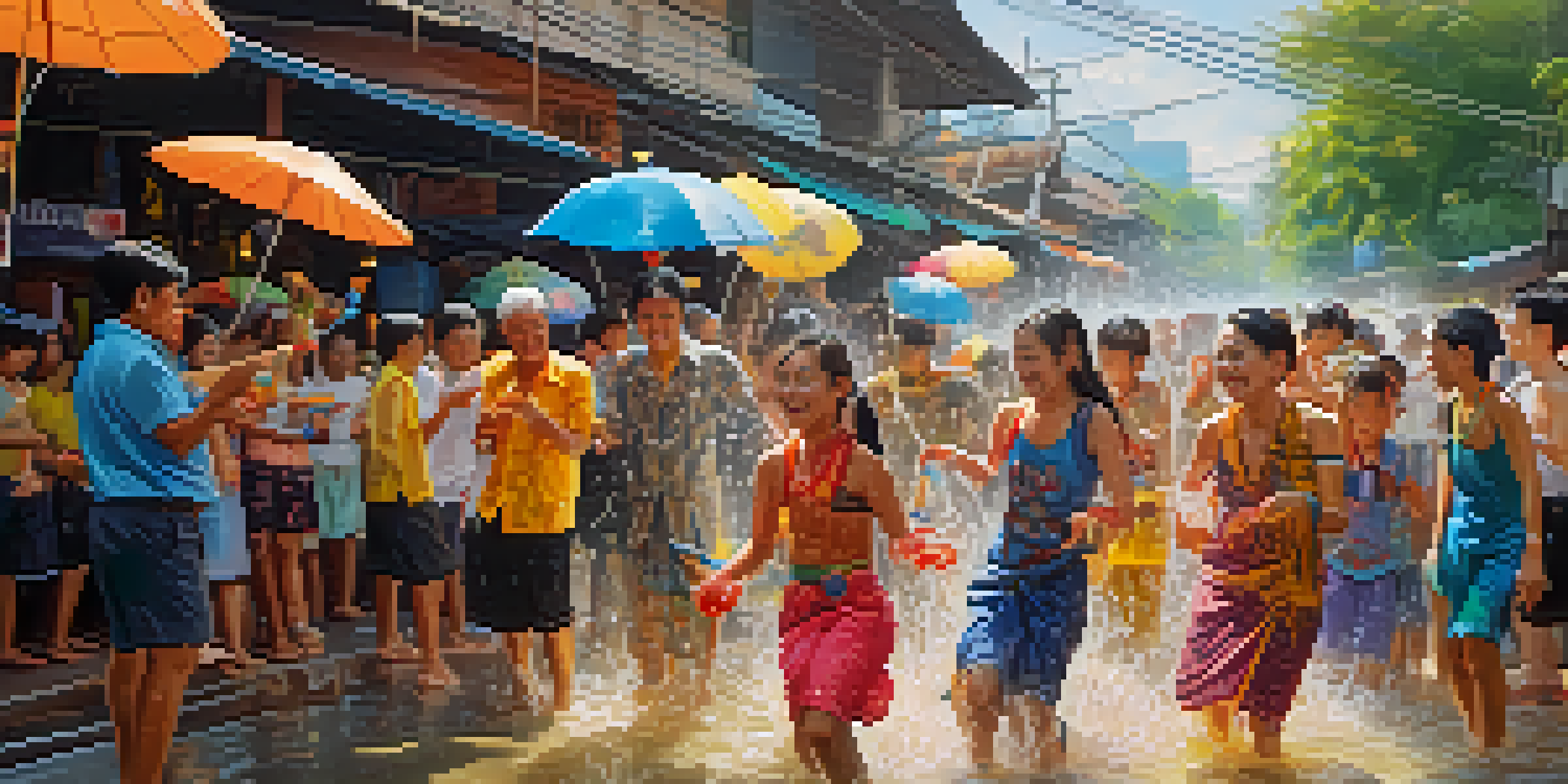 A lively Songkran water festival scene with people splashing water and colorful decorations in the background.