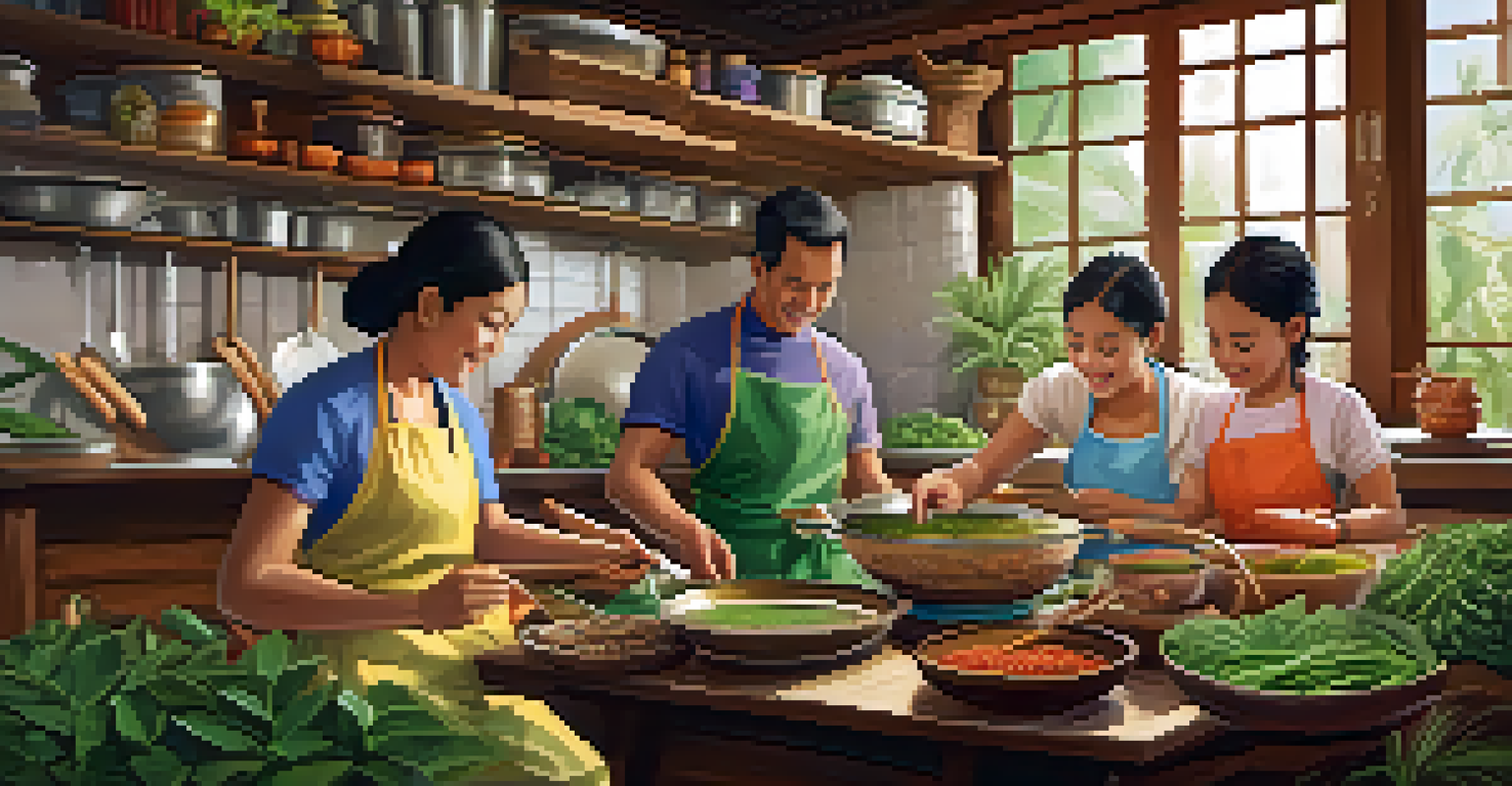 A family participating in a cooking class in a traditional Thai kitchen, learning to prepare a classic dish with fresh ingredients.