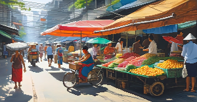 A busy street market in Bangkok with colorful stalls and people interacting under sunlight.