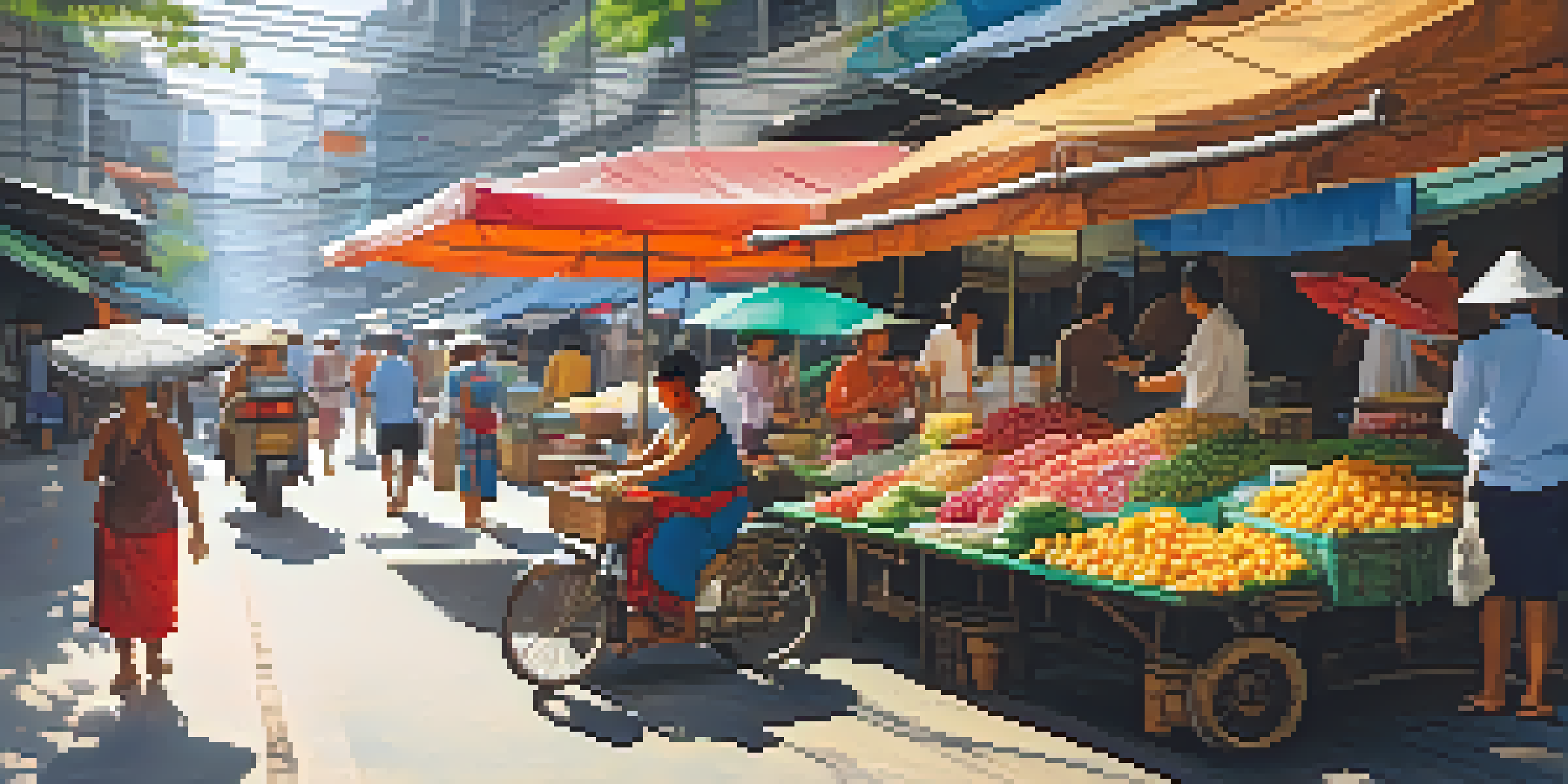 A busy street market in Bangkok with colorful stalls and people interacting under sunlight.