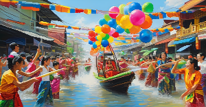 A lively Songkran parade with colorful floats and participants in traditional Thai clothing celebrating with water fights.