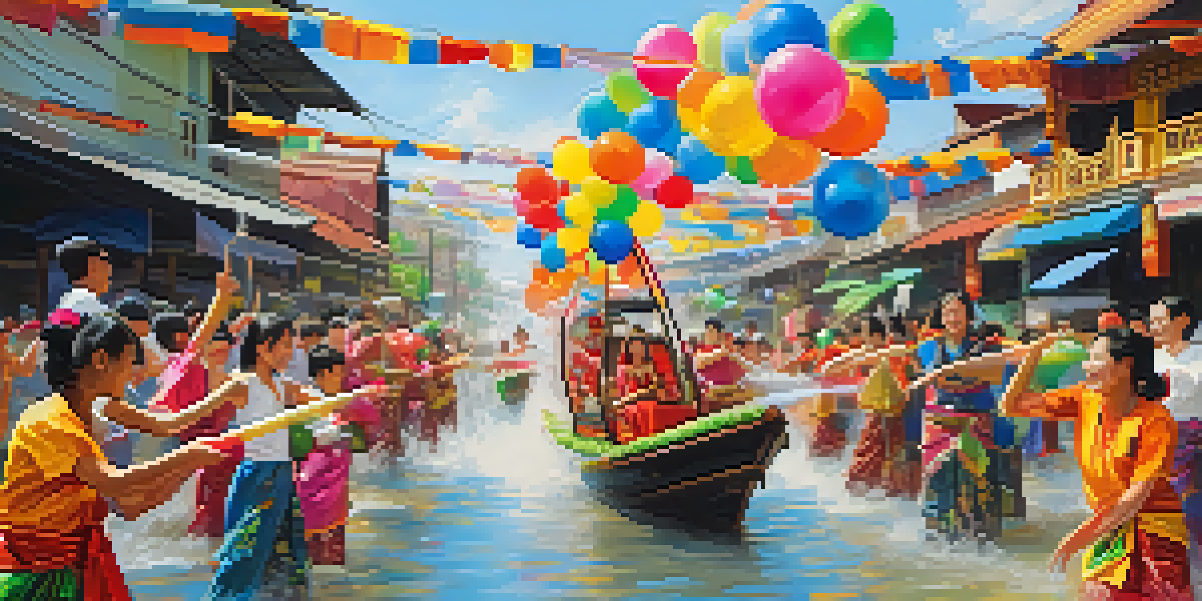 A lively Songkran parade with colorful floats and participants in traditional Thai clothing celebrating with water fights.