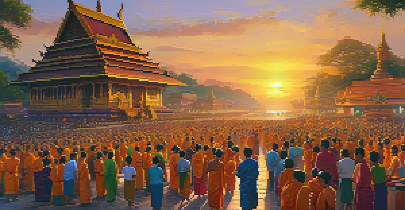 A group of diverse individuals participating in Visakha Bucha rituals at a temple during sunset, with food offerings and colorful decorations.