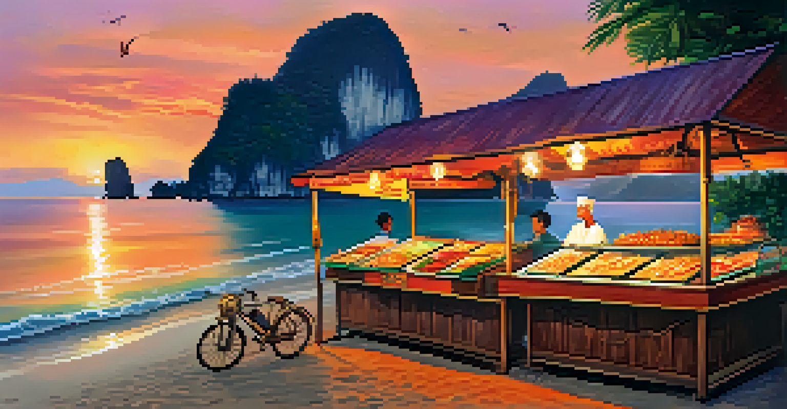 A beautiful sunset over Krabi beach with a food stall serving grilled fish and seafood salads, creating a tranquil dining atmosphere.