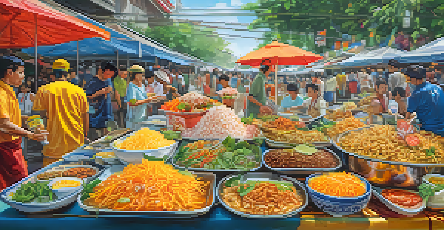 A vibrant display of traditional Thai street food at Songkran Festival, showcasing various delicious dishes.