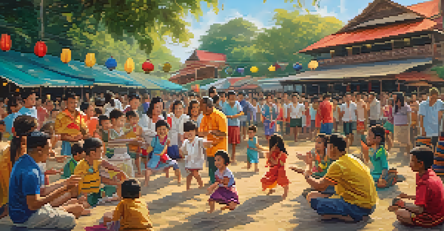 Families and friends engaging in traditional Thai games at a vibrant festival with colorful decorations.