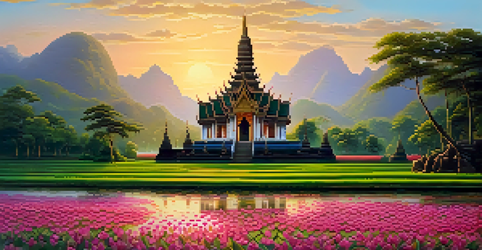 A peaceful scene showing a Thai temple surrounded by green rice fields and colorful lotus flowers, with a soft sunrise sky in the background.