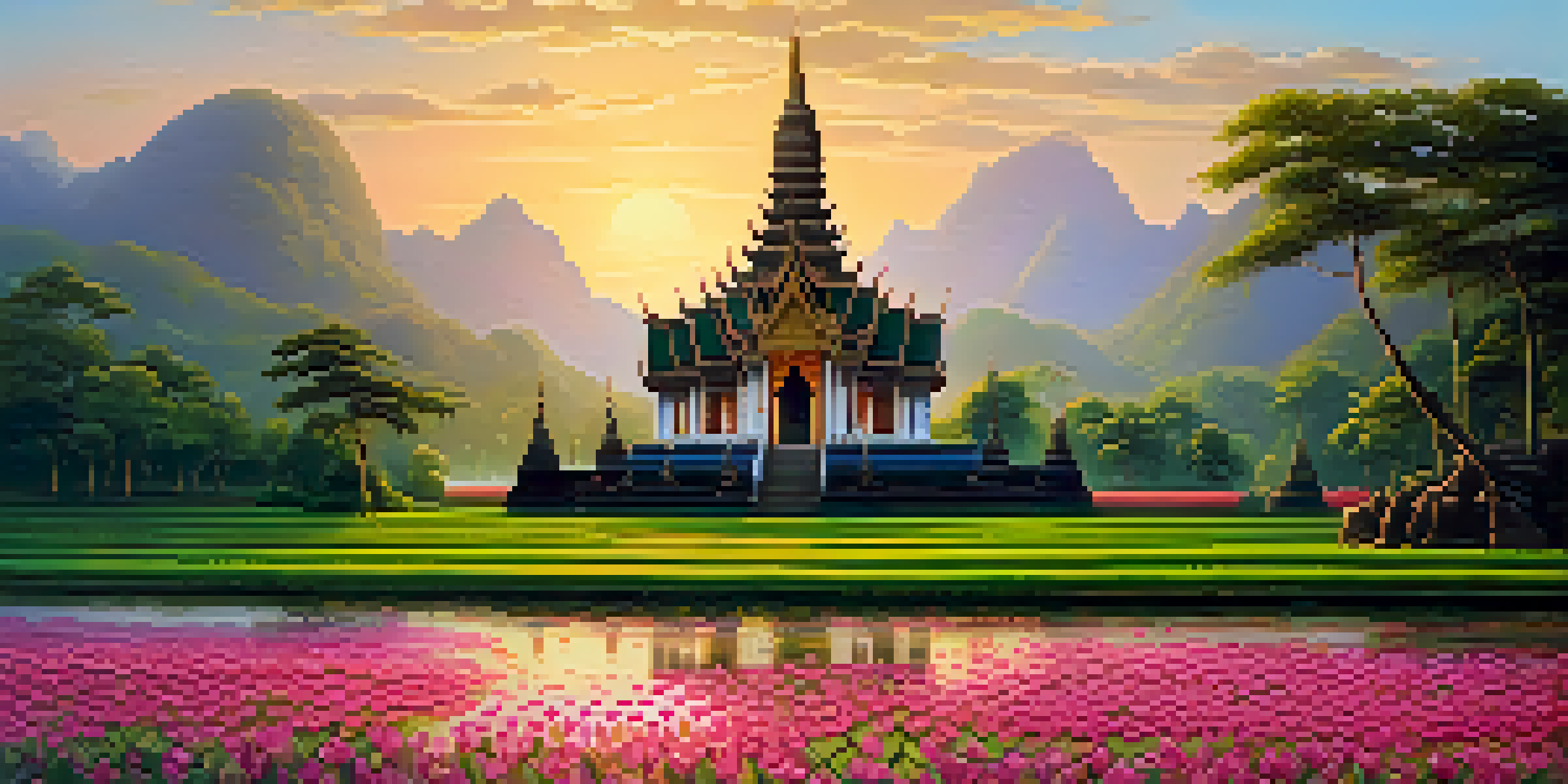 A peaceful scene showing a Thai temple surrounded by green rice fields and colorful lotus flowers, with a soft sunrise sky in the background.