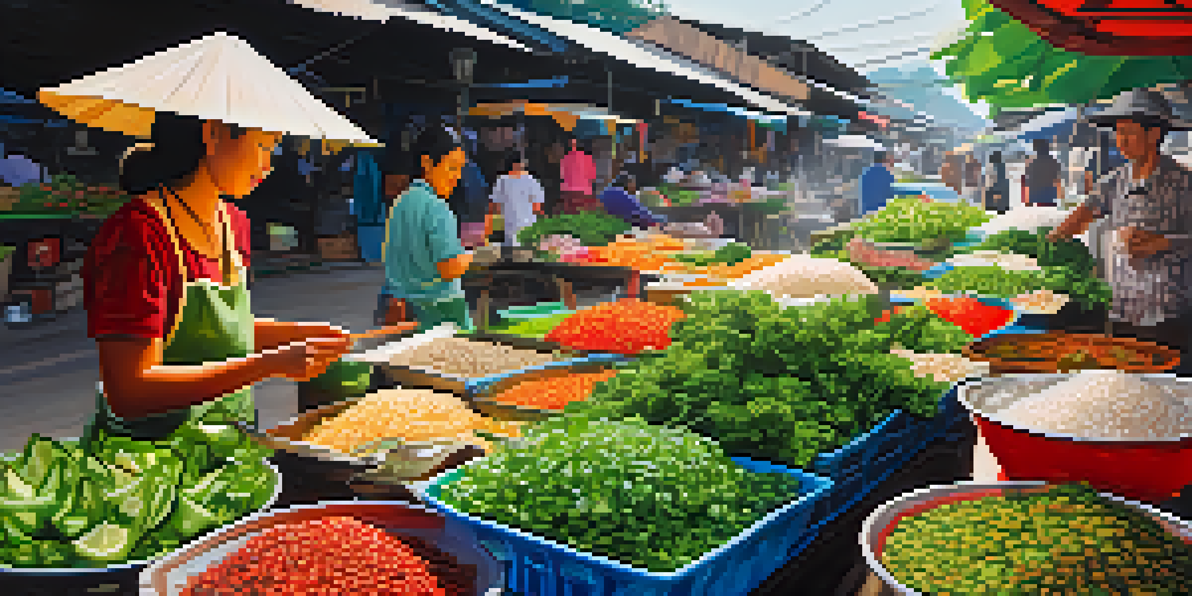 A bustling market in Northern Thailand with a woman preparing Larb, surrounded by fresh herbs and vegetables.