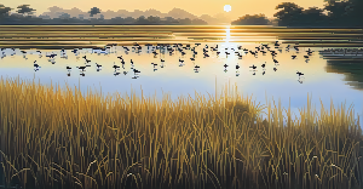 A calm wetland scene with shorebirds wading in water during sunset, highlighting the Spoon-billed Sandpiper in the foreground.