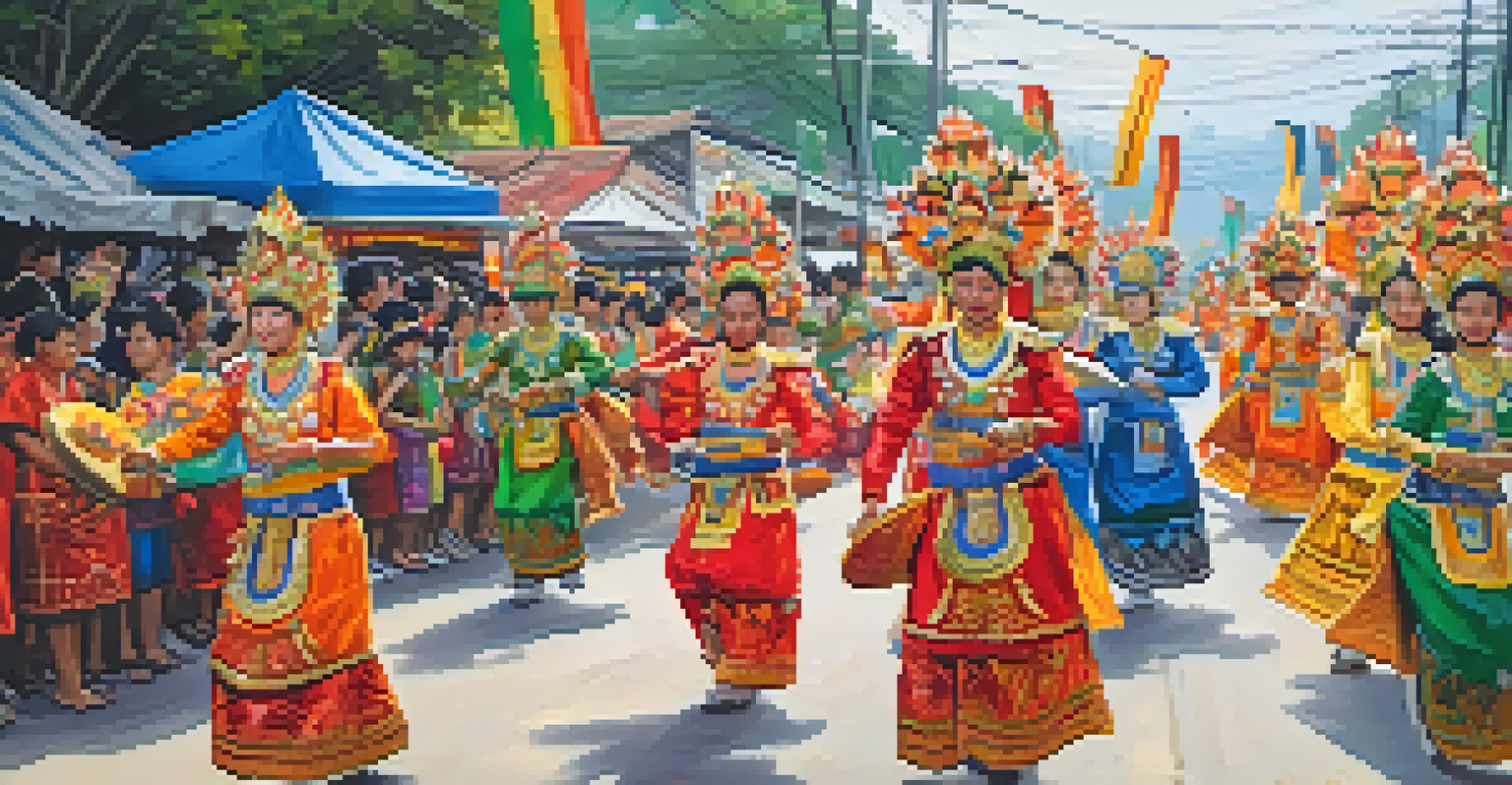 A street parade during the Phi Ta Khon Festival in Thailand, showcasing participants in vibrant masks and costumes, with a lively crowd and colorful decorations.