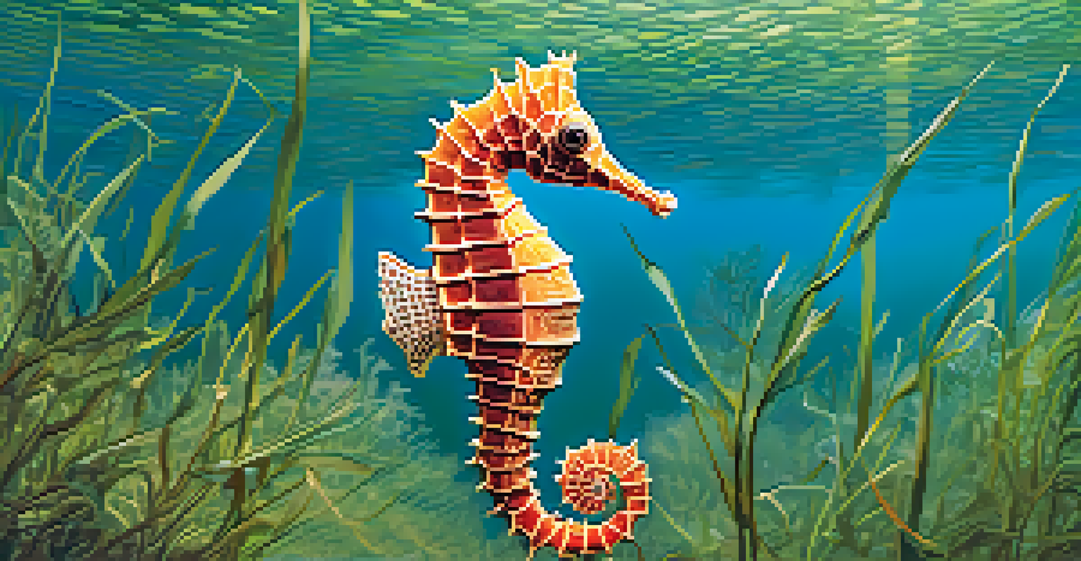 A close-up image of a colorful seahorse among seagrass, showcasing its intricate details and textures in natural light.