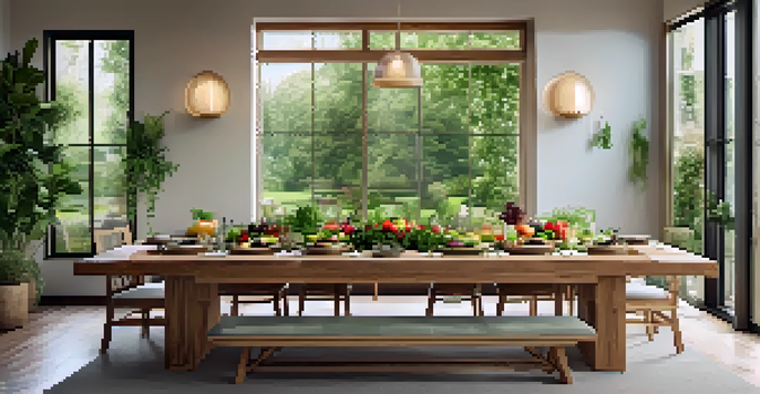 A peaceful dining area at a spa retreat with a wooden table set with fresh salads and surrounded by greenery, creating a calming atmosphere.