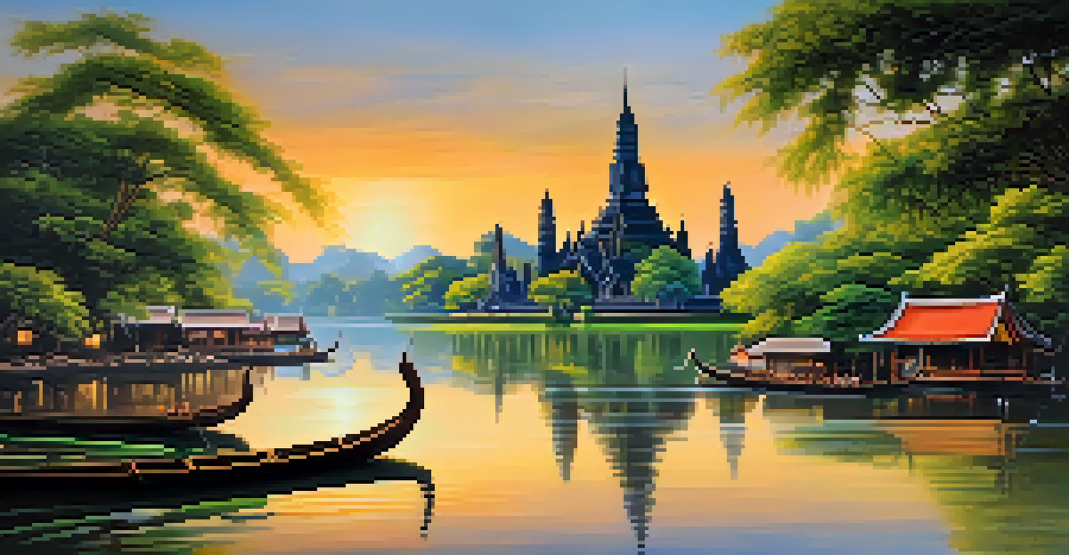 A peaceful riverbank in a Thai old town with traditional boats and temples reflecting in the water under the warm light of the setting sun.