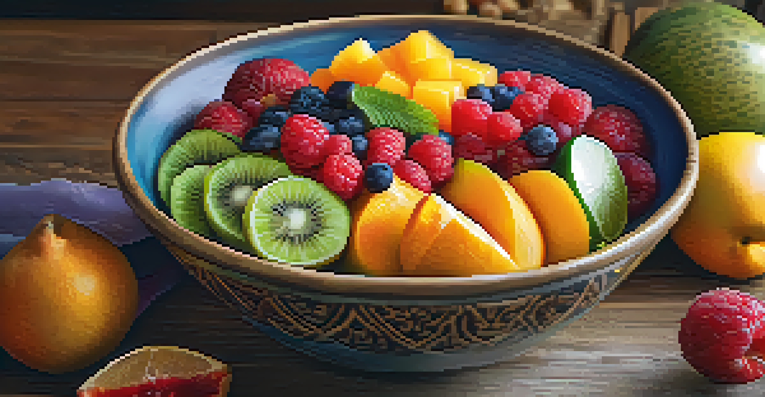 Close-up of a traditional Thai fruit bowl on a rustic wooden table, showcasing vibrant colors and fresh textures in natural light.