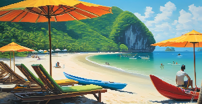 A beautiful tropical beach in Thailand with blue sky, white sand, colorful beach umbrellas, and people relaxing. A kayak is visible in the distance with green hills in the background.