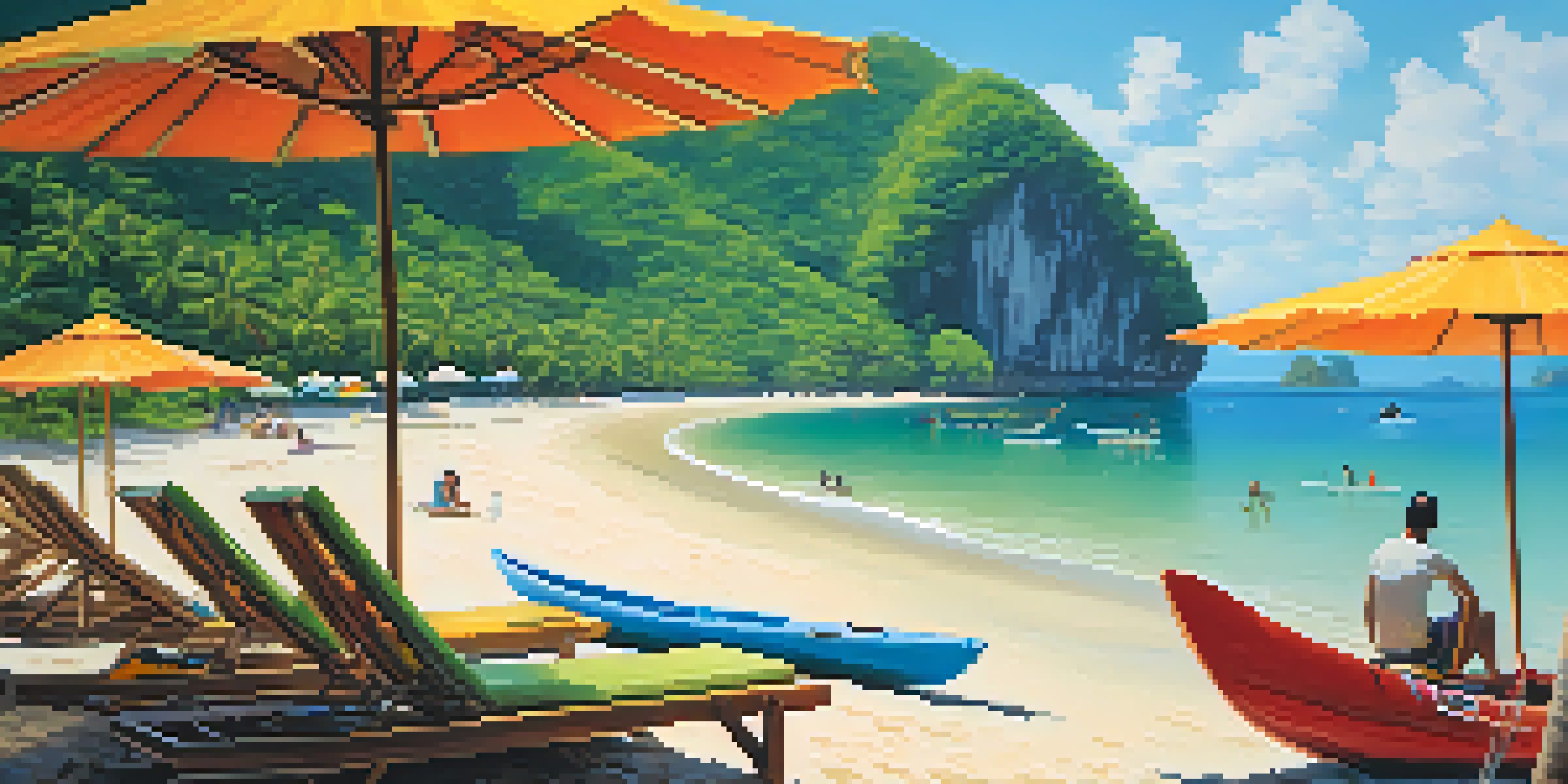 A beautiful tropical beach in Thailand with blue sky, white sand, colorful beach umbrellas, and people relaxing. A kayak is visible in the distance with green hills in the background.