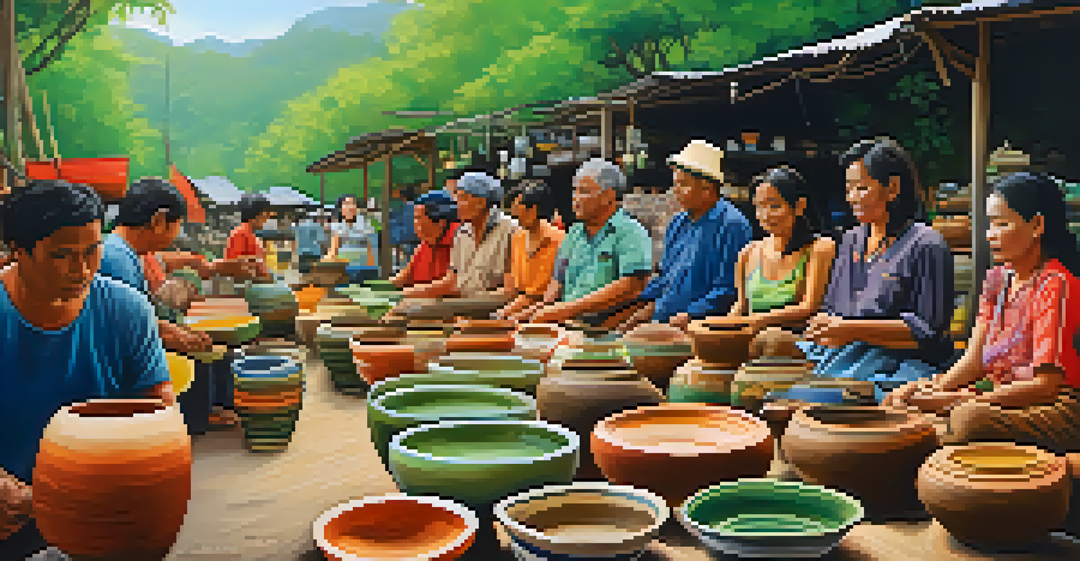 An outdoor pottery market in Thailand with colorful handmade ceramics and local artisans engaging with customers.