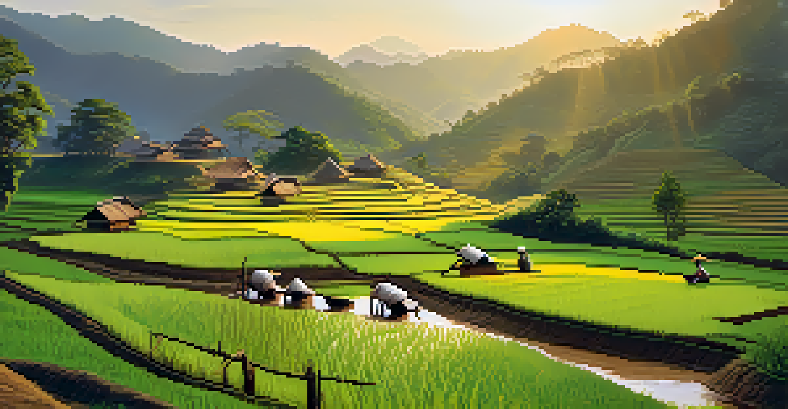 A rural landscape in northern Thailand showing the Karen community farming rice in terraced fields under warm sunlight.
