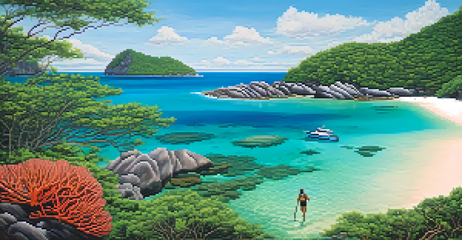 A picturesque view of the Similan Islands with beaches, snorkeler exploring coral reefs, and lush green hills under a clear blue sky.