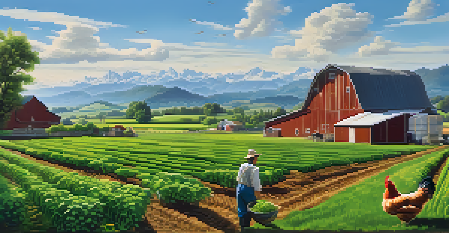 A local farmer tending to crops on a green farm with a barn and mountains in the background under a blue sky.