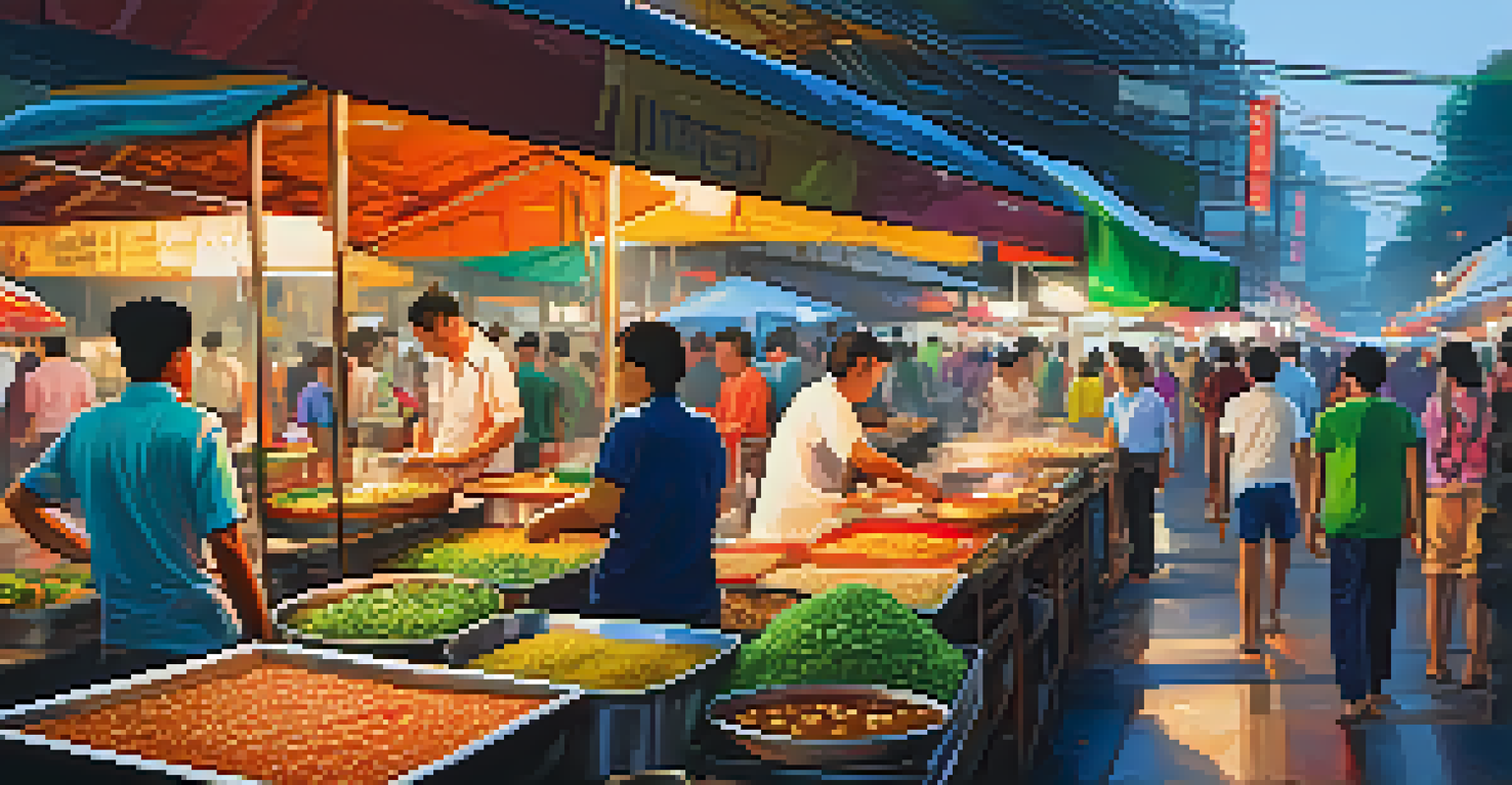 A lively street food market in Bangkok, showcasing colorful stalls and people enjoying Thai cuisine.