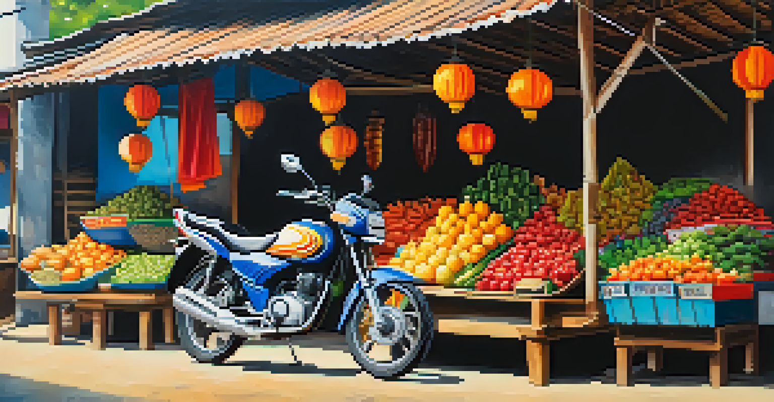 A motorbike parked in front of a vibrant Thai market filled with colorful stalls selling fruits and local crafts.