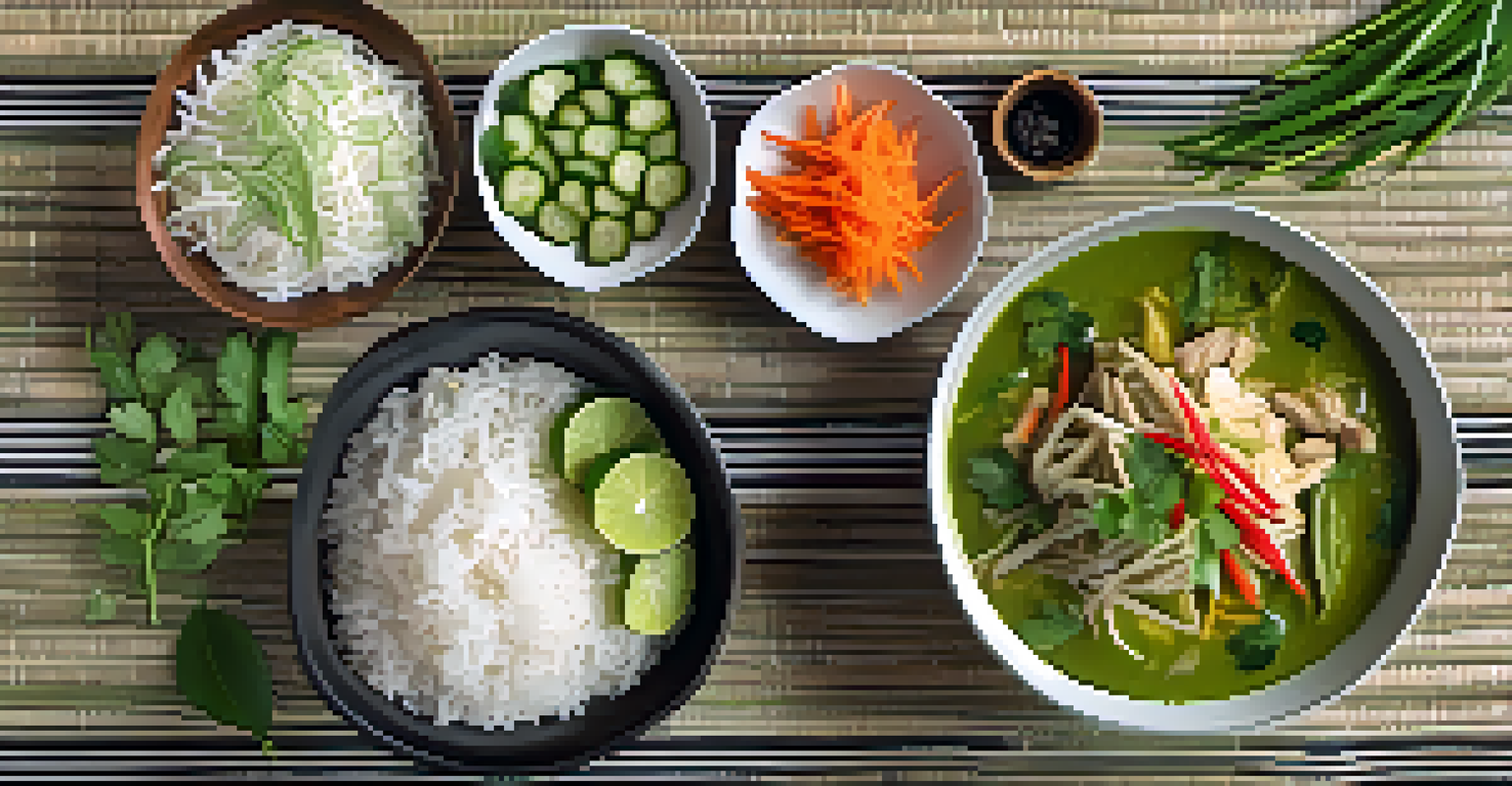 An overhead view of a traditional Thai meal with green curry, rice, and salad, arranged on a woven mat.