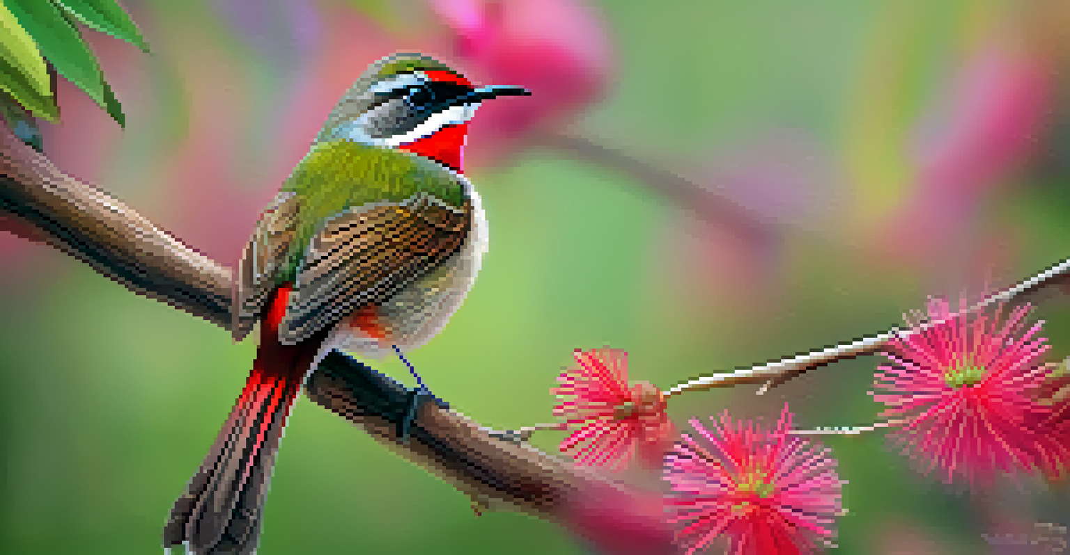 A close-up view of a Siberian Rubythroat bird on a branch, with colorful flowers in the background, showcasing the bird's vibrant red throat.