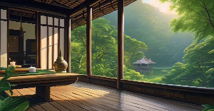 A peaceful meditation hut in a lush jungle setting in Thailand, with sunlight filtering through the trees and an inviting altar in the foreground.