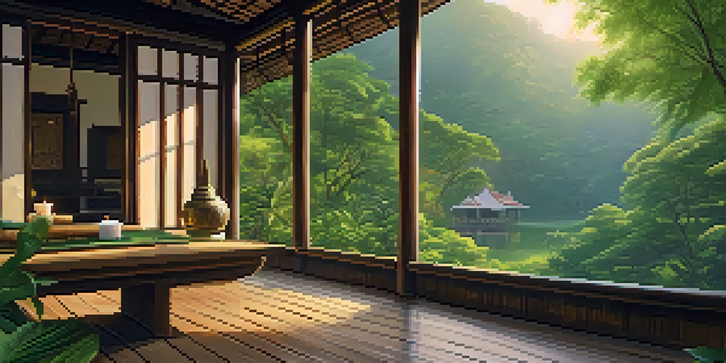 A peaceful meditation hut in a lush jungle setting in Thailand, with sunlight filtering through the trees and an inviting altar in the foreground.