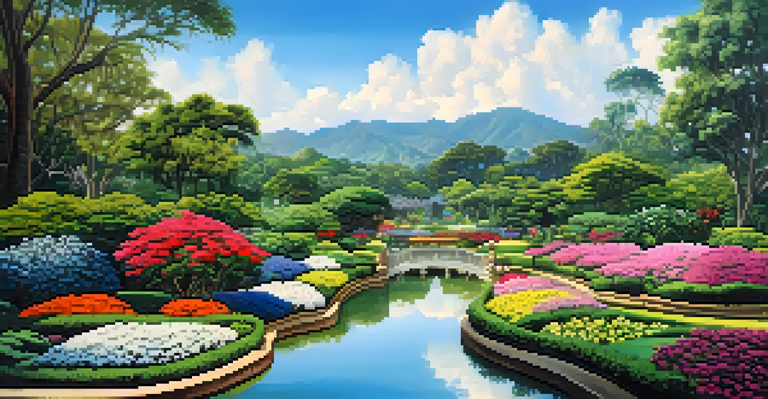 A scenic view of the Queen Sirikit Botanical Garden in Chiang Mai, showcasing colorful flowers and lush greenery under a clear blue sky.