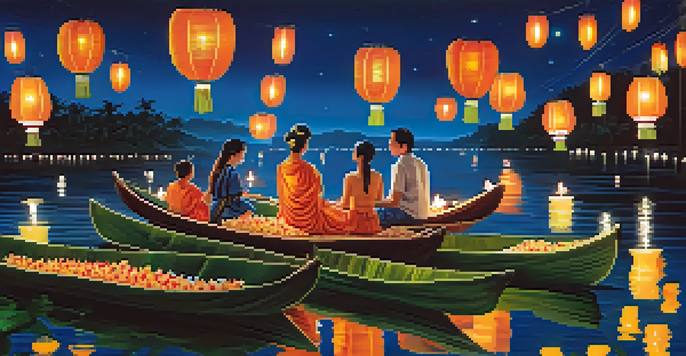 A tranquil river adorned with floating krathongs and colorful lanterns in the night sky during the Loy Krathong festival.
