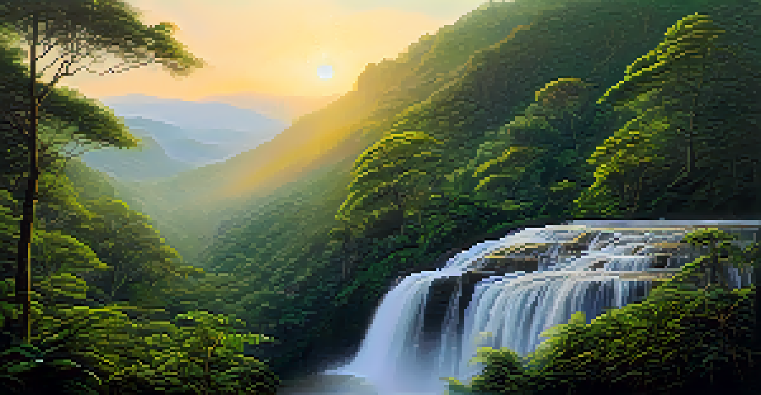 A beautiful sunrise over a national park with waterfalls and misty forests.